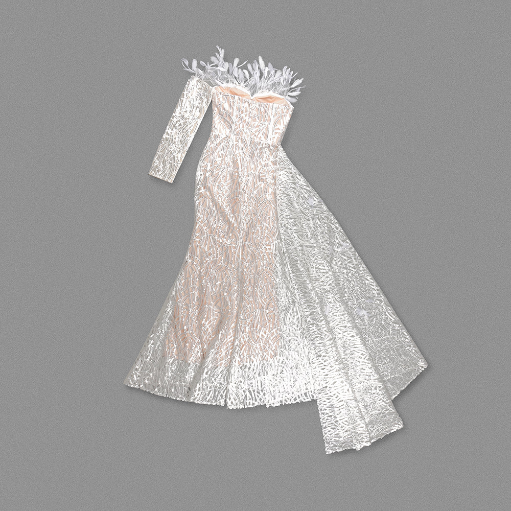 One Sleeve Strapless Bustier Embellished Dress White HV1267