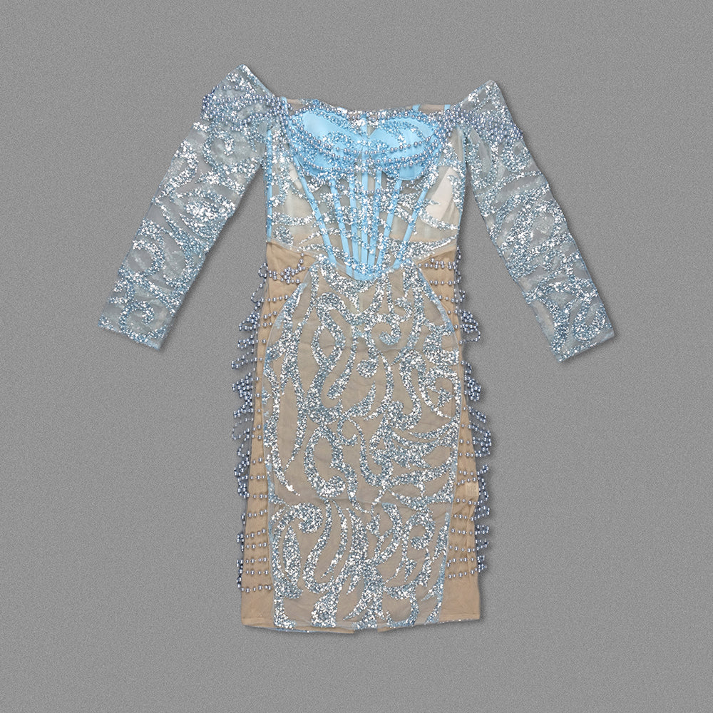 Long Sleeve Pearl Corset Midi Dress Blue HV9945