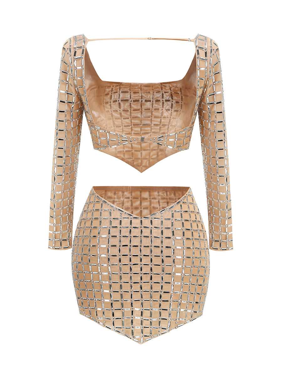 Long Sleeve Embellished Two Piece Dress Nude