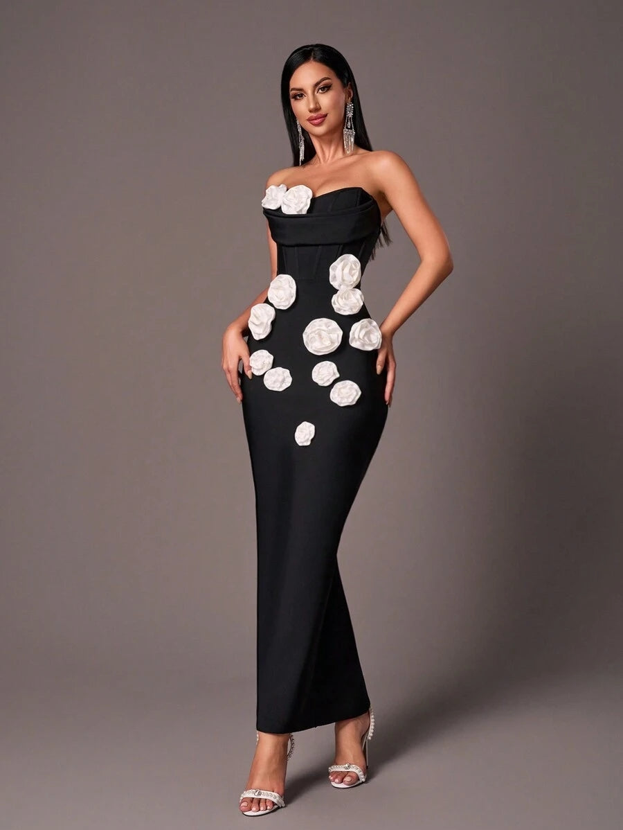 Strapless Floral Corset Maxi Dress Black White HV1703