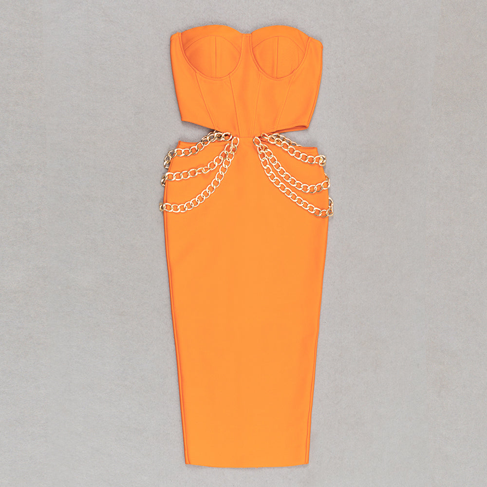 Strapless Bustier Chain Midi Dress Orange HV9453