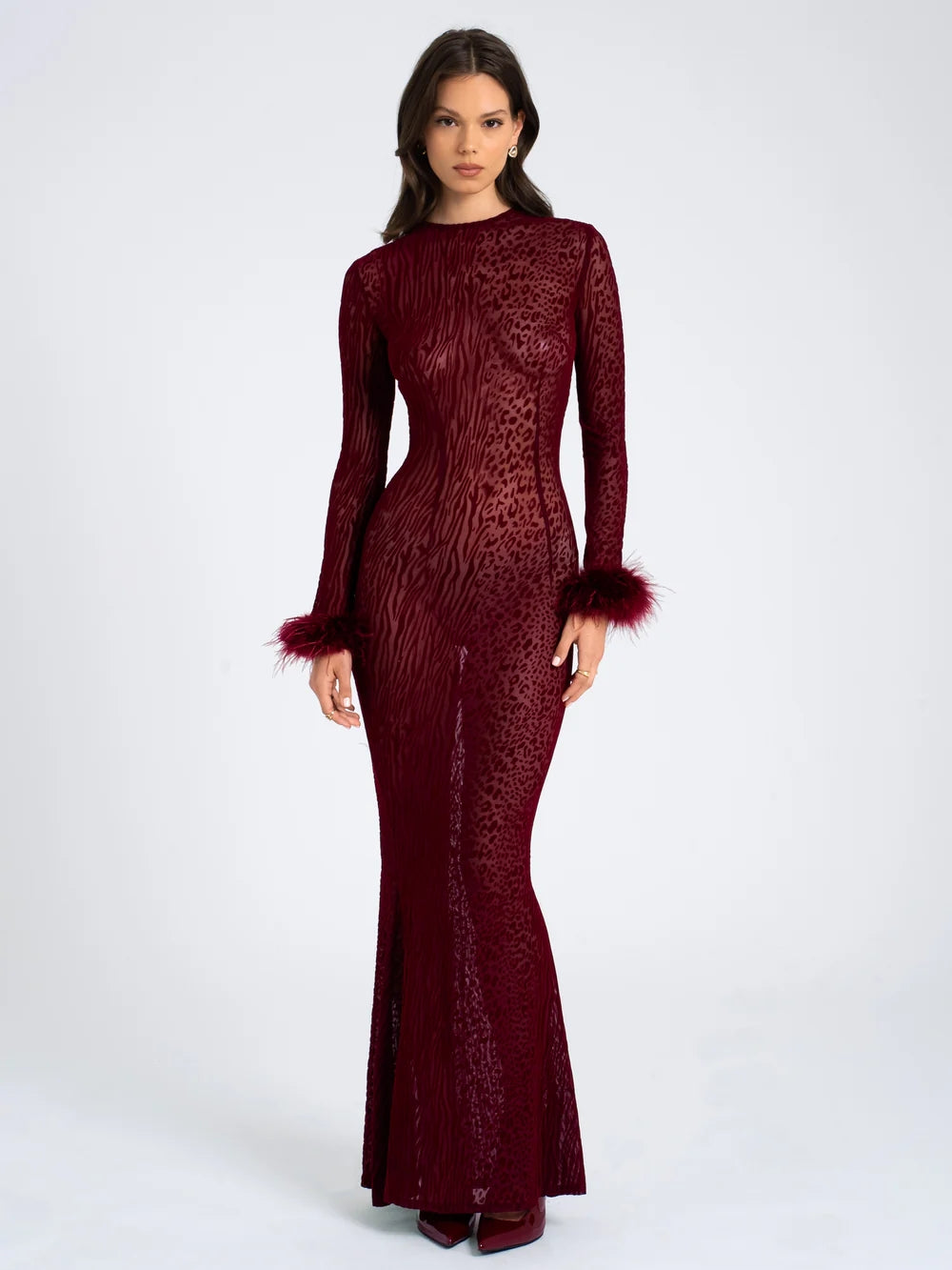Long Sleeve Backless Maxi Dress Burgundy HV1902