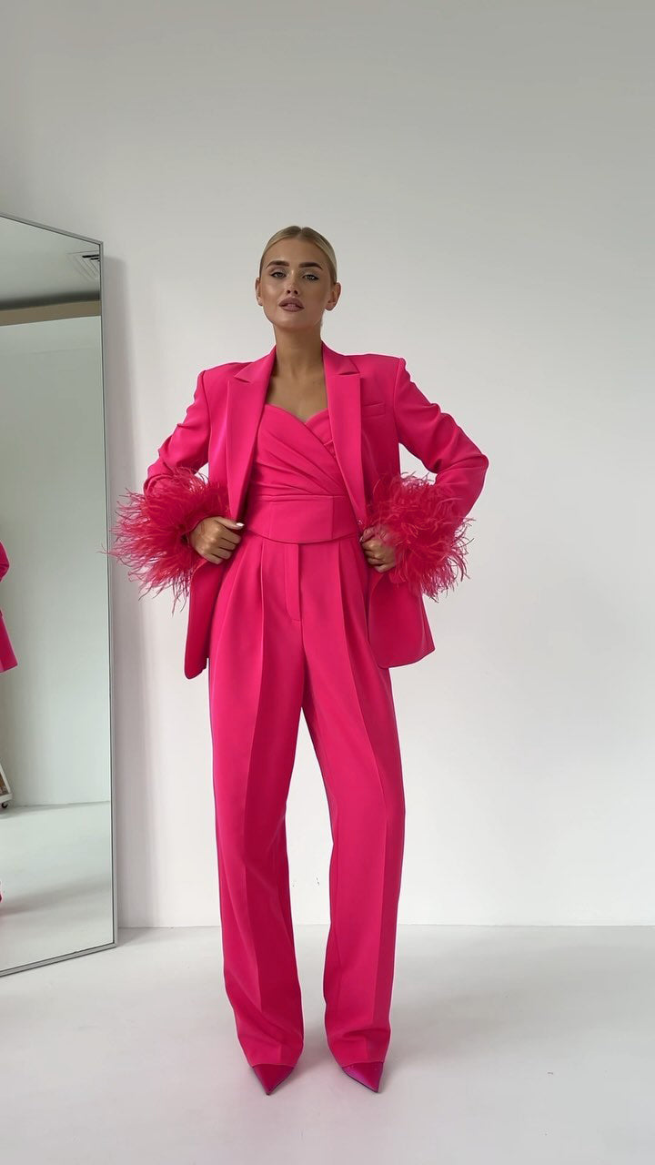 Long Sleeve Feather Detail Suit Hot Pink HV1267