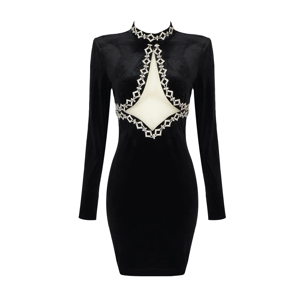 Long Sleeve Crystal Velvet Dress Black HV9741