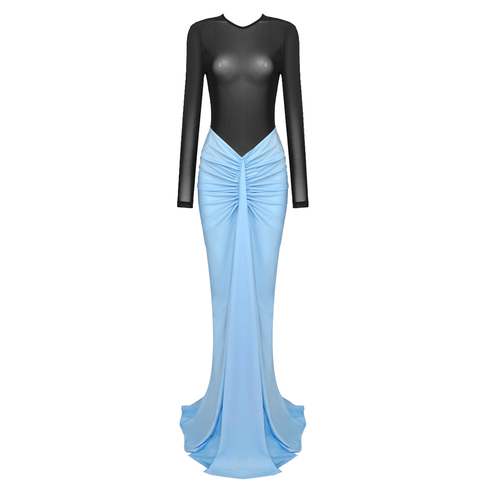 Long Sleeve Draped Maxi Two Piece Dress Black Blue HV9678