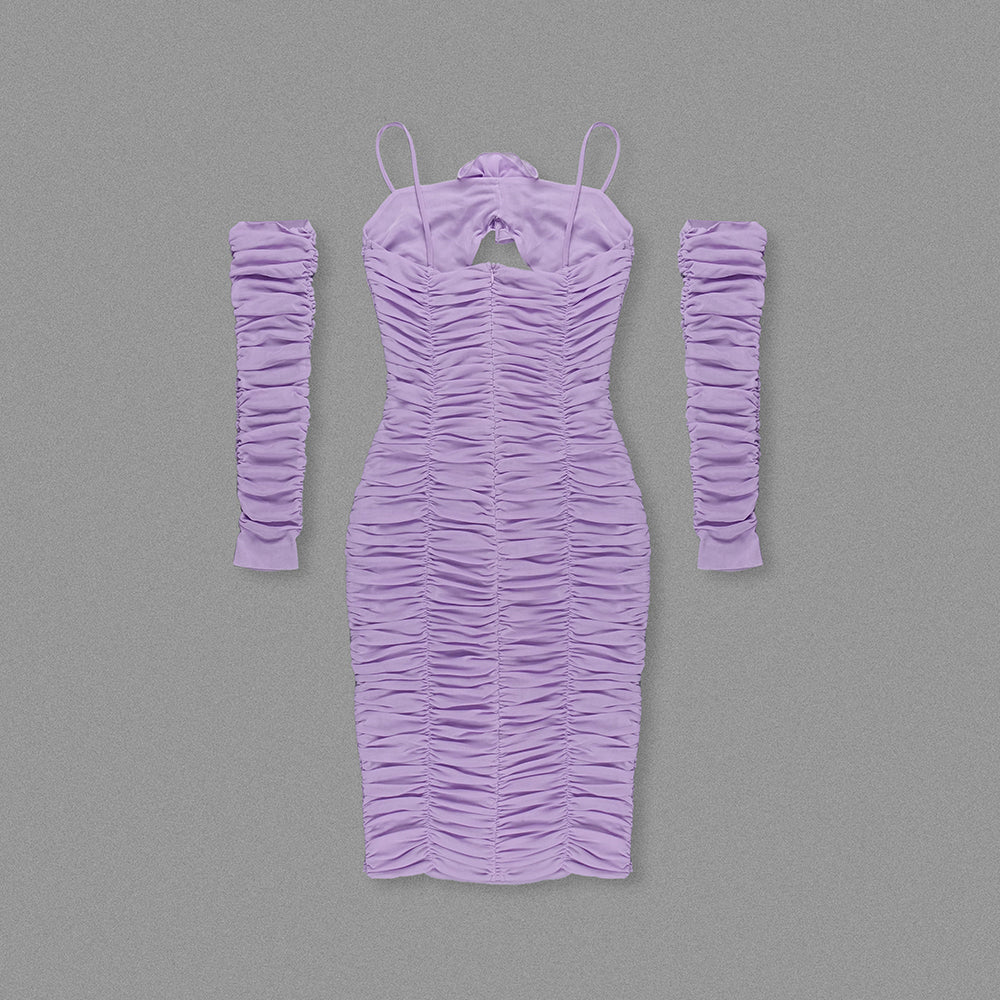 Long Sleeve Ruched Floral Midi Dress Lavender HV1284