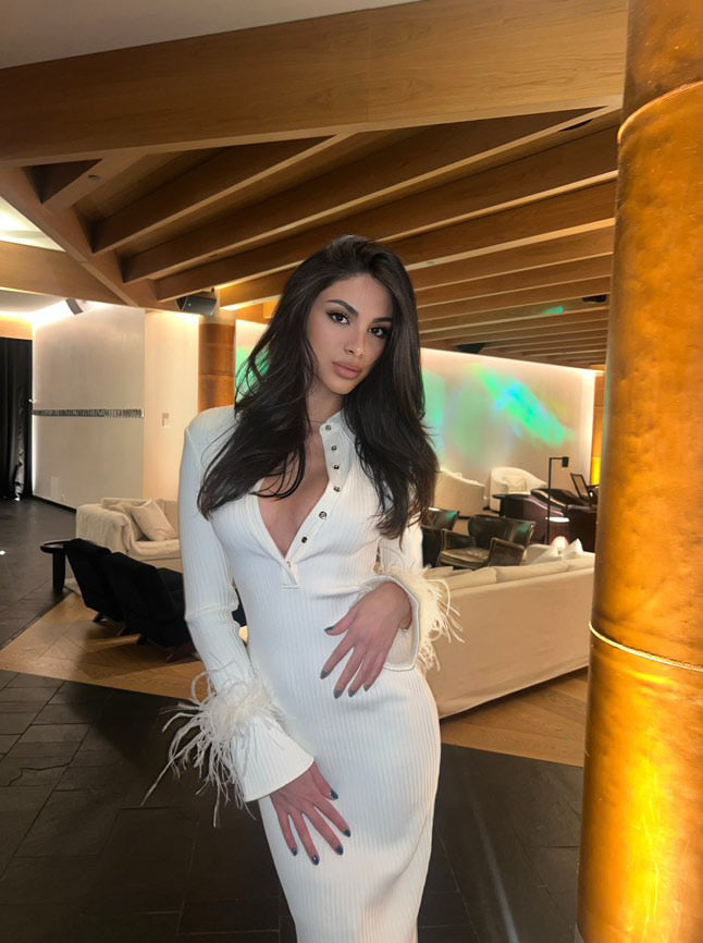 Long Sleeve Feather Ribbed Maxi Dress Ivory HV8975