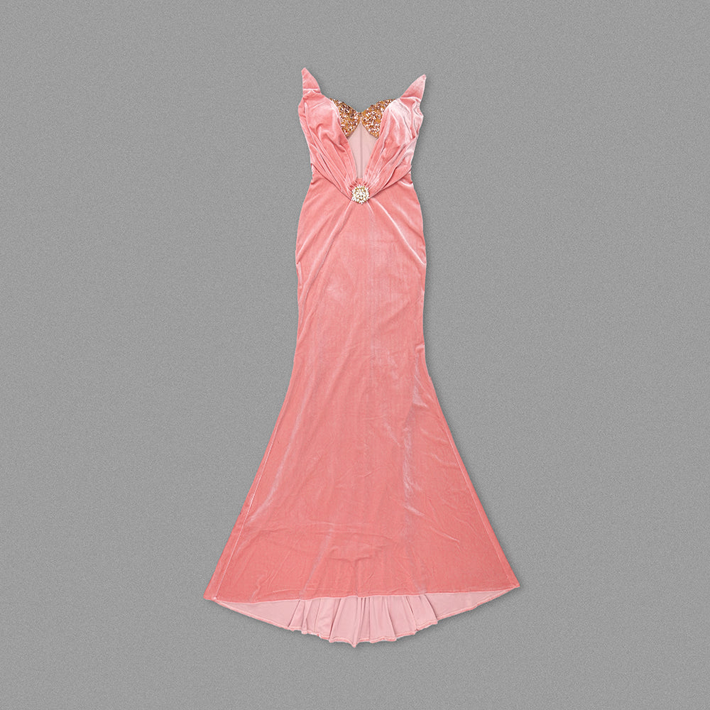 Strapless Crystal Bustier Maxi Velvet Dress Pink HV1745