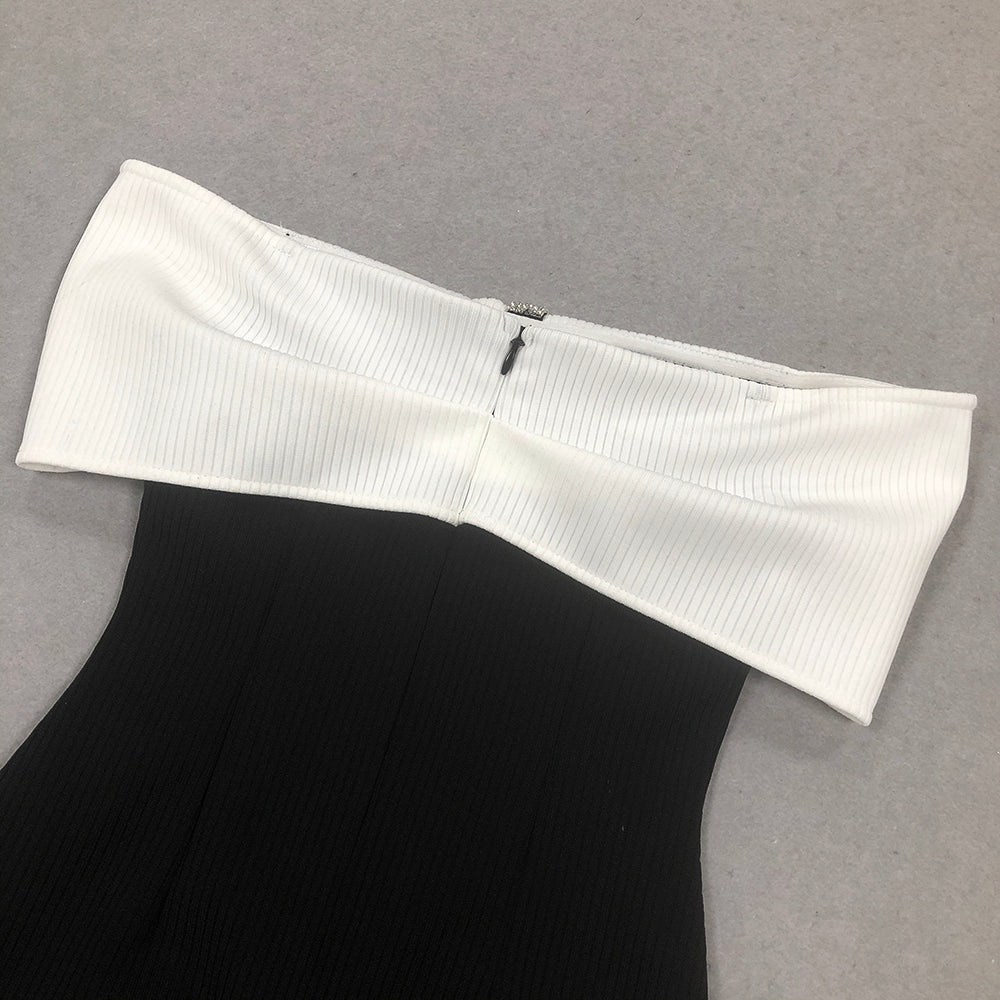 Bardot Ribbed Fluted Midi Dress Black White
