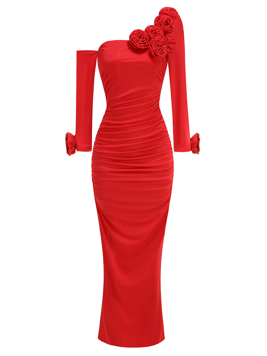 Long Sleeve Floral Bardot Maxi Dress Red