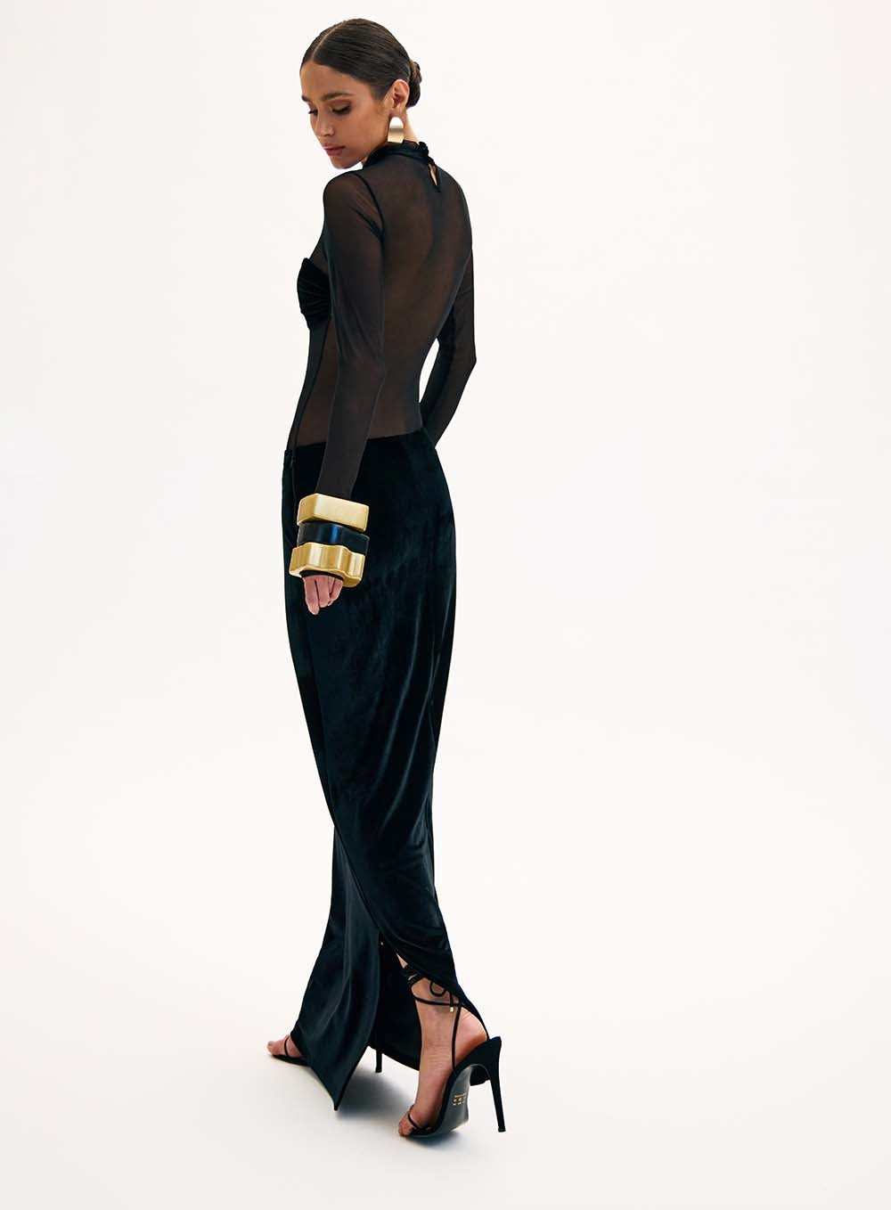 Long Sleeve Bustier Mesh Maxi Dress Black HV1537