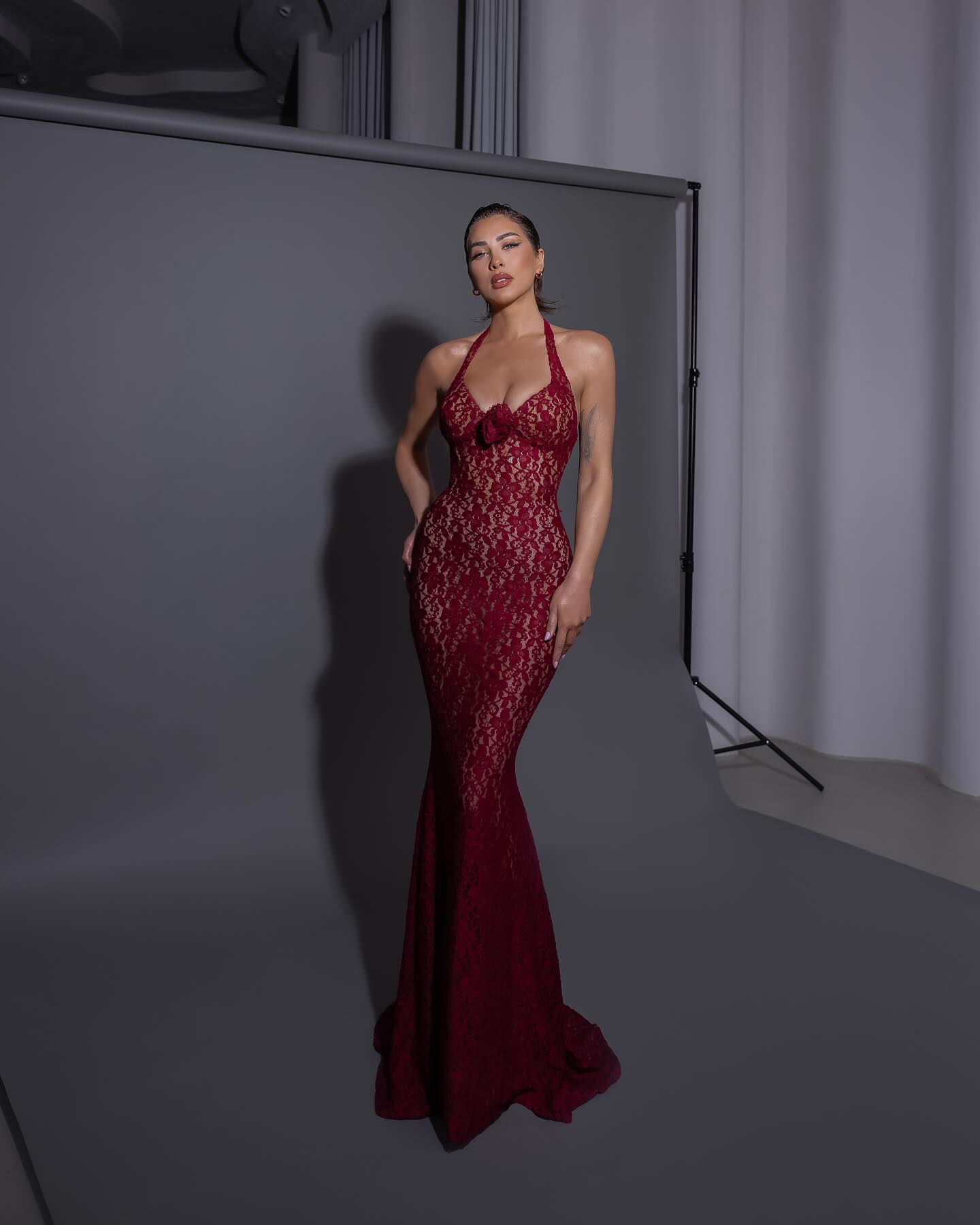 Halter Floral Lace Maxi Dress Burgundy HV1500
