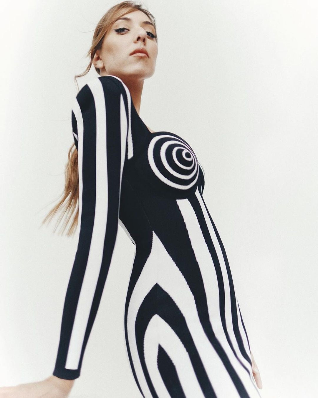 Long Sleeve Bustier Striped Dress Black White HV1805