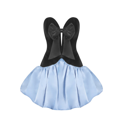 Strapless Bow Detail Puff Dress Black Blue HV2617
