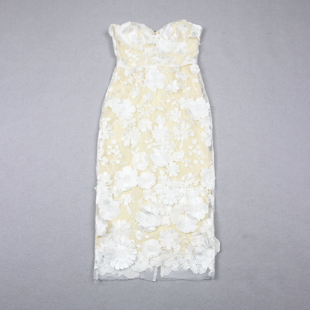 Strapless Bustier Floral Lace Midi Dress White HV1017