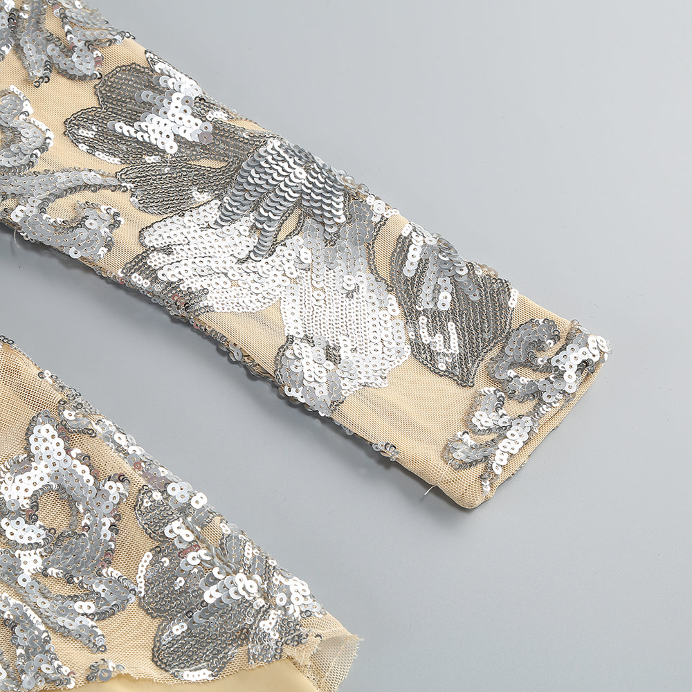 Long Sleeve Sequin Jumpsuit Sand Silver HV2059