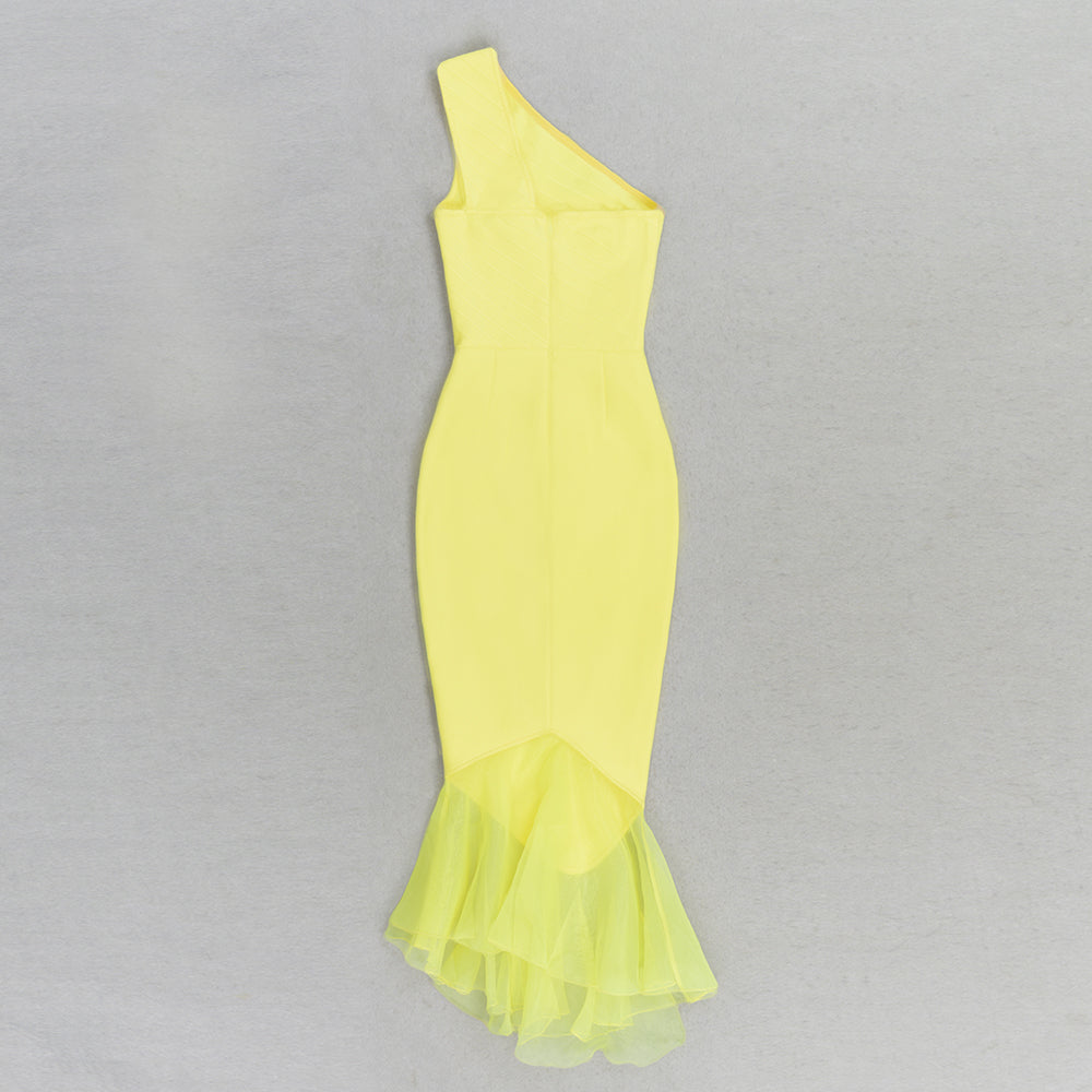 One Shoulder Mesh Ruffle Maxi Dress Yellow HV9611