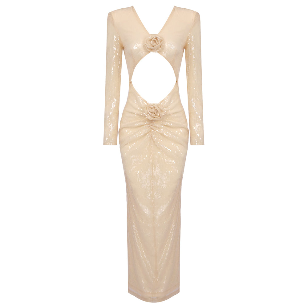Long Sleeve Flower Sequin Midi Dress Nude HV1086
