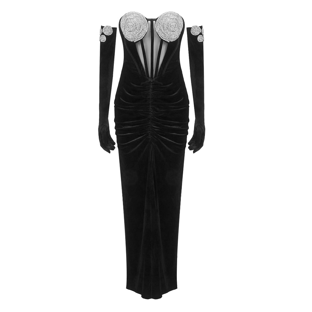 Crystal Bustier Strapless Maxi Velvet Dress Black HV9635
