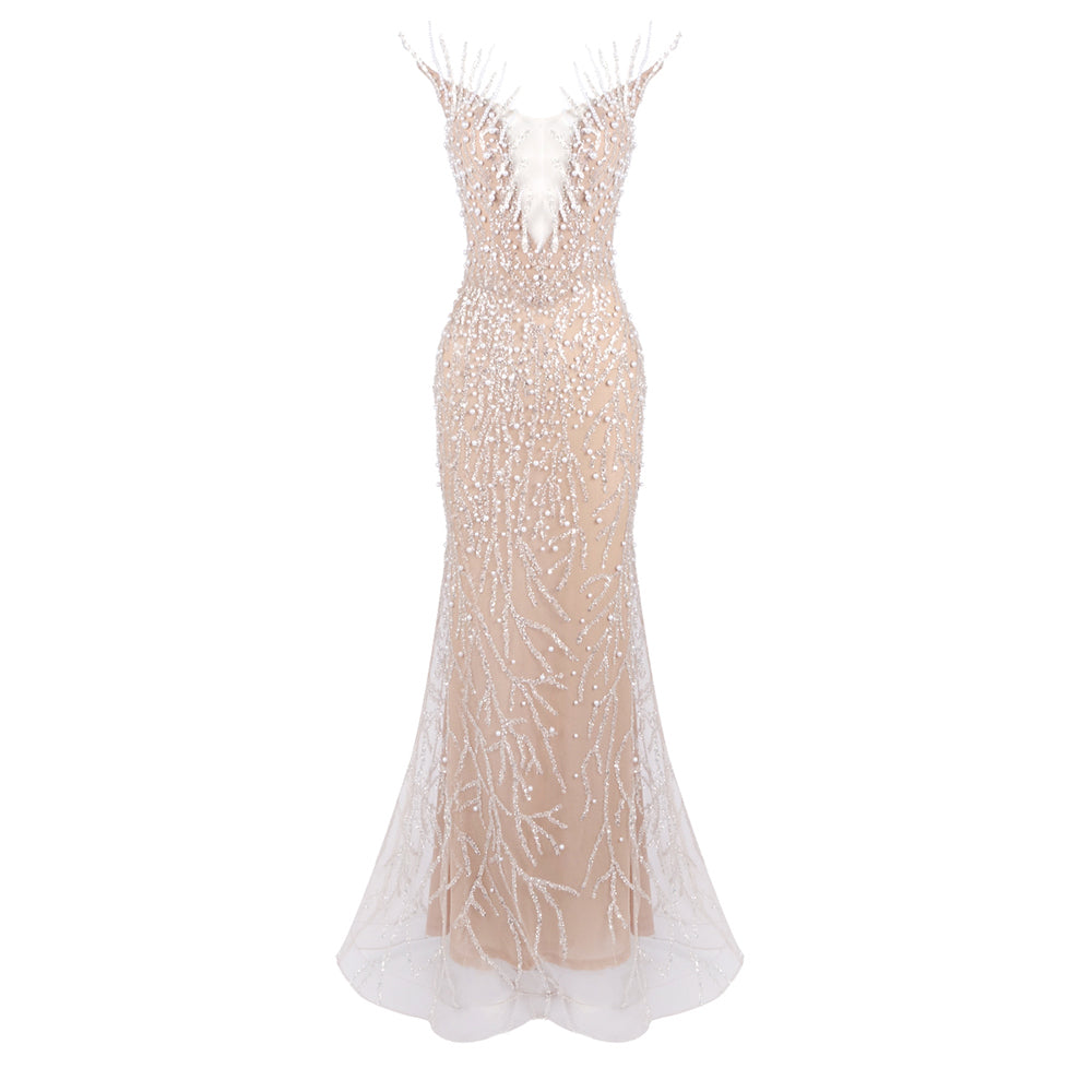 Strapless Crystal Pearl Sequin Maxi Dress Nude HV2146