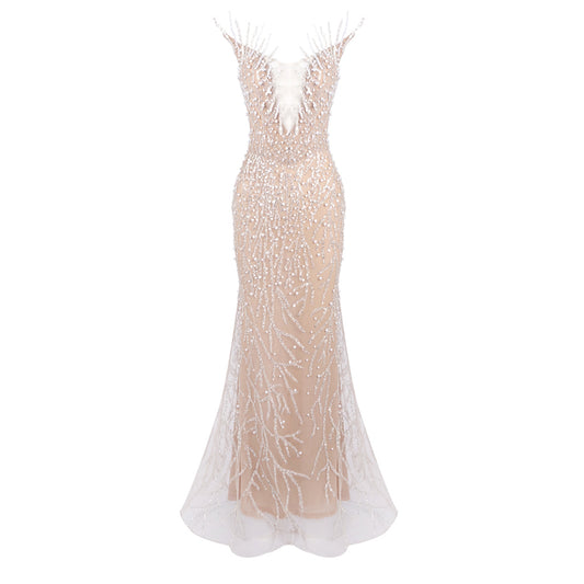 Strapless Crystal Pearl Sequin Maxi Dress Nude HV2146