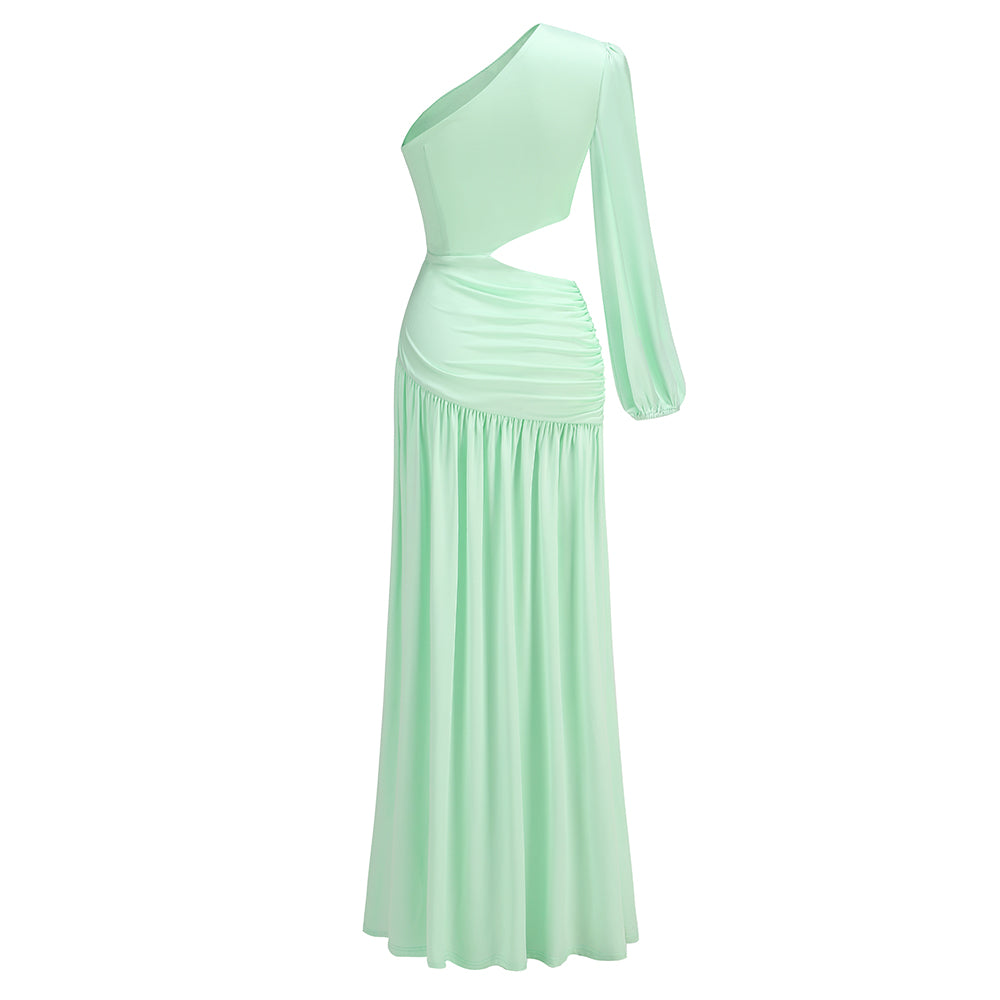 One Sleeve Ruched Maxi Dress Green HV1491