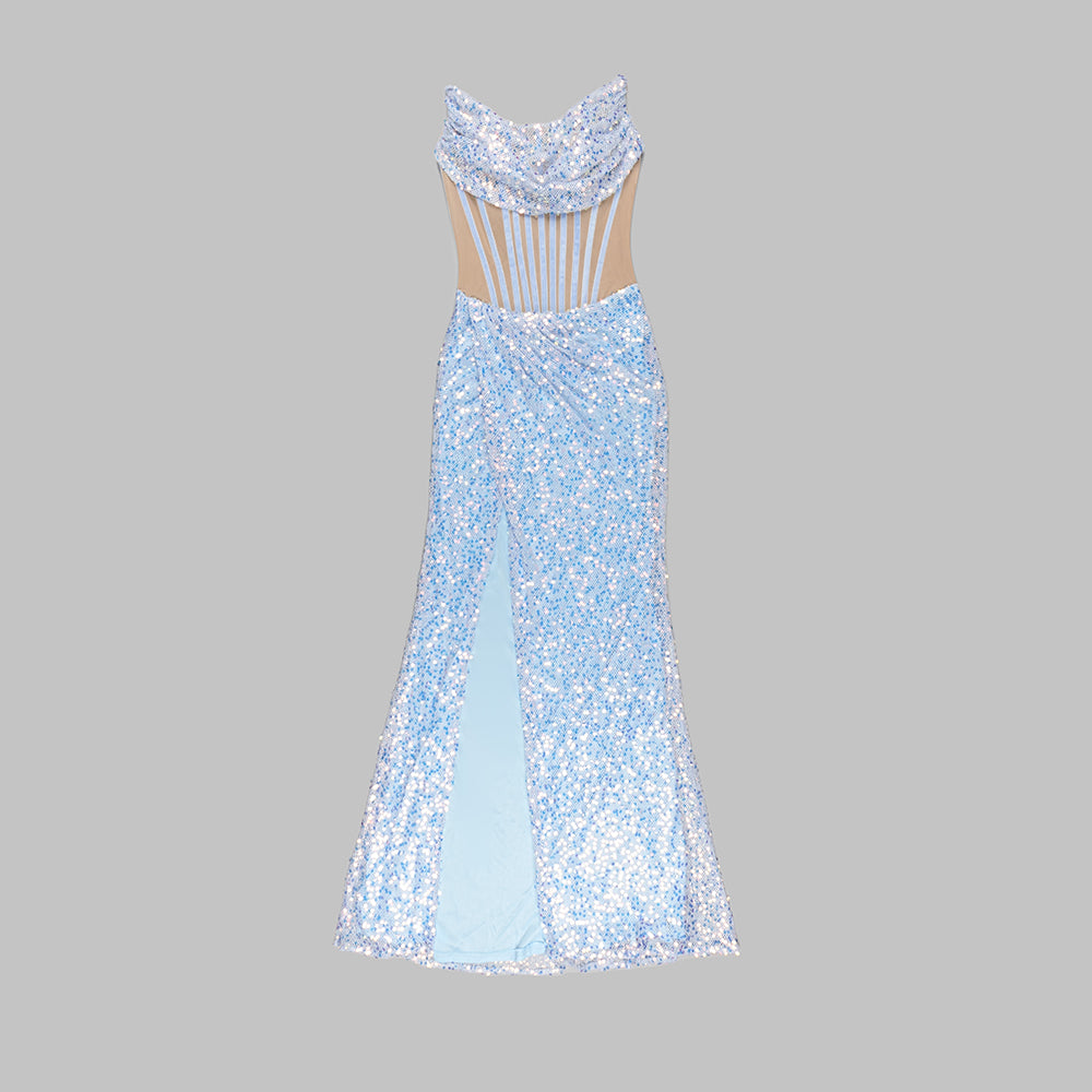 Strapless Draped Corset Sequin Dress Blue HV9732