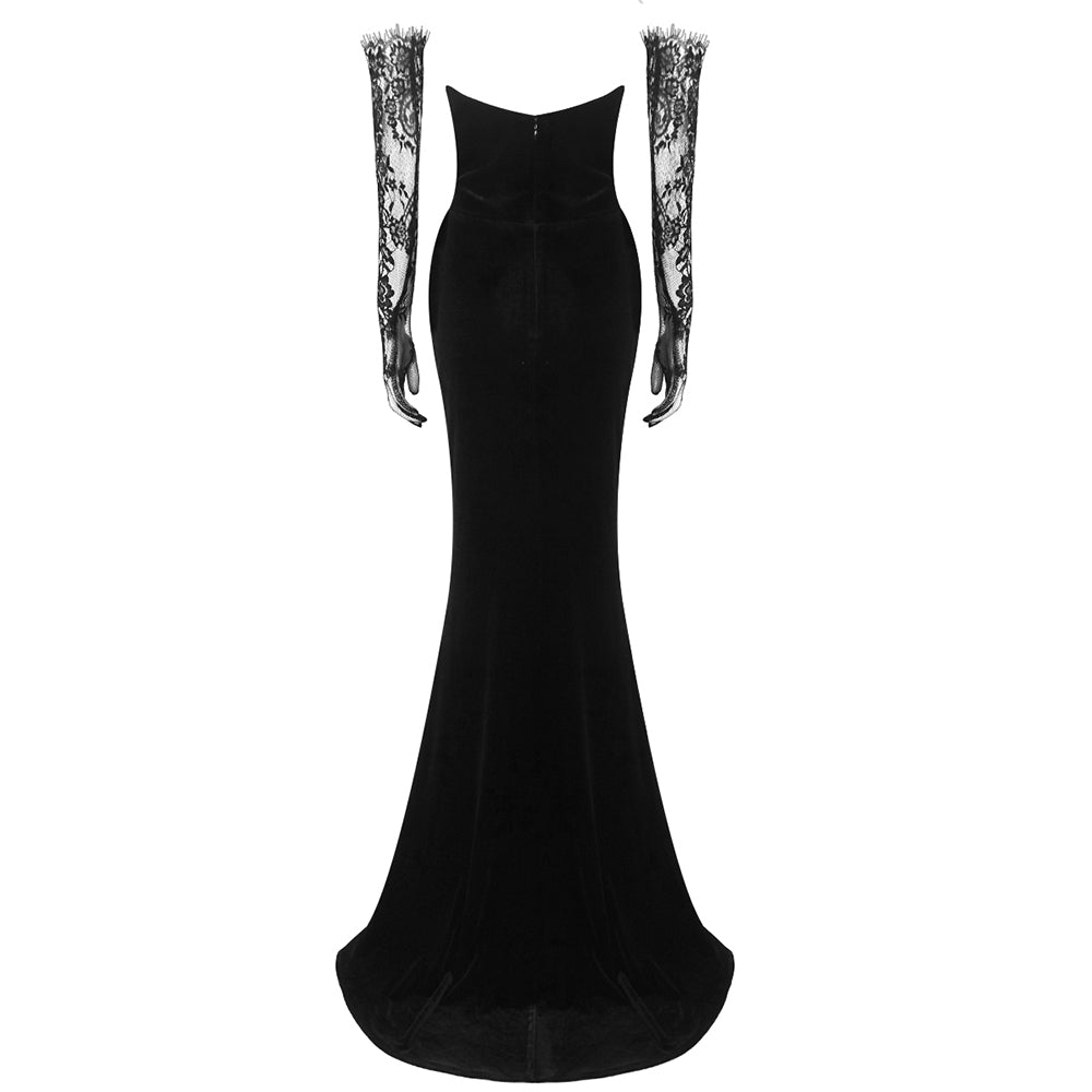 Strapless Lace Corset Maxi Velvet Dress Black HV1317