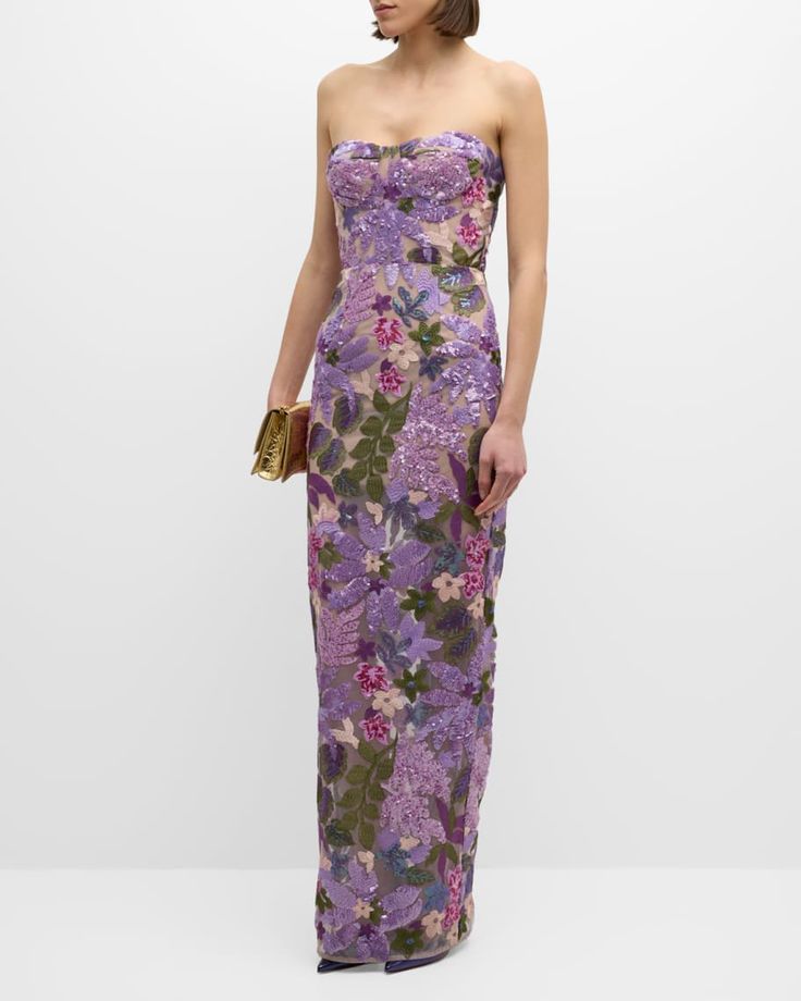 Strapless Floral Sequin Bustier Maxi Dress Lavender HV1373