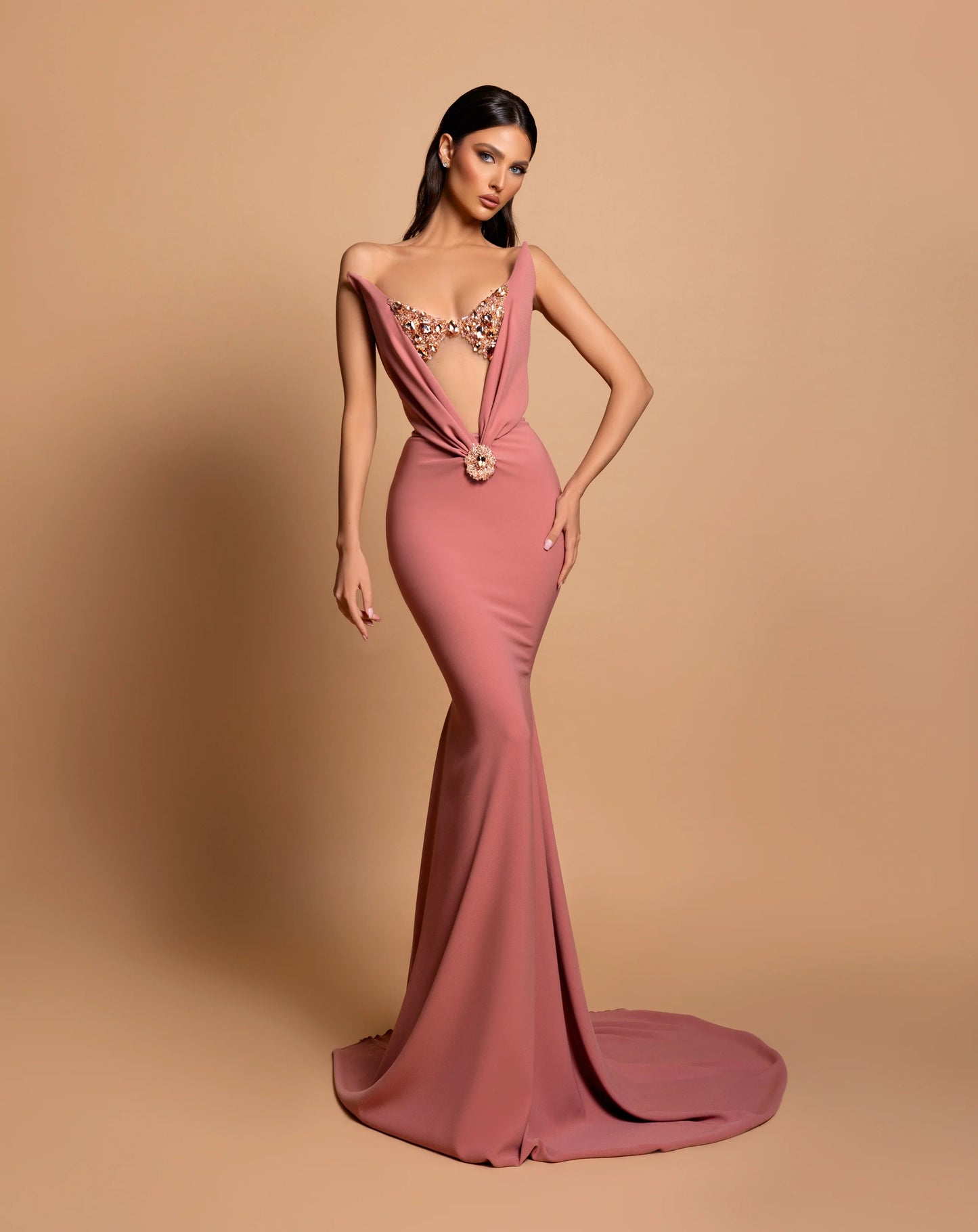 Strapless Crystal Bustier Maxi Velvet Dress Pink HV1745