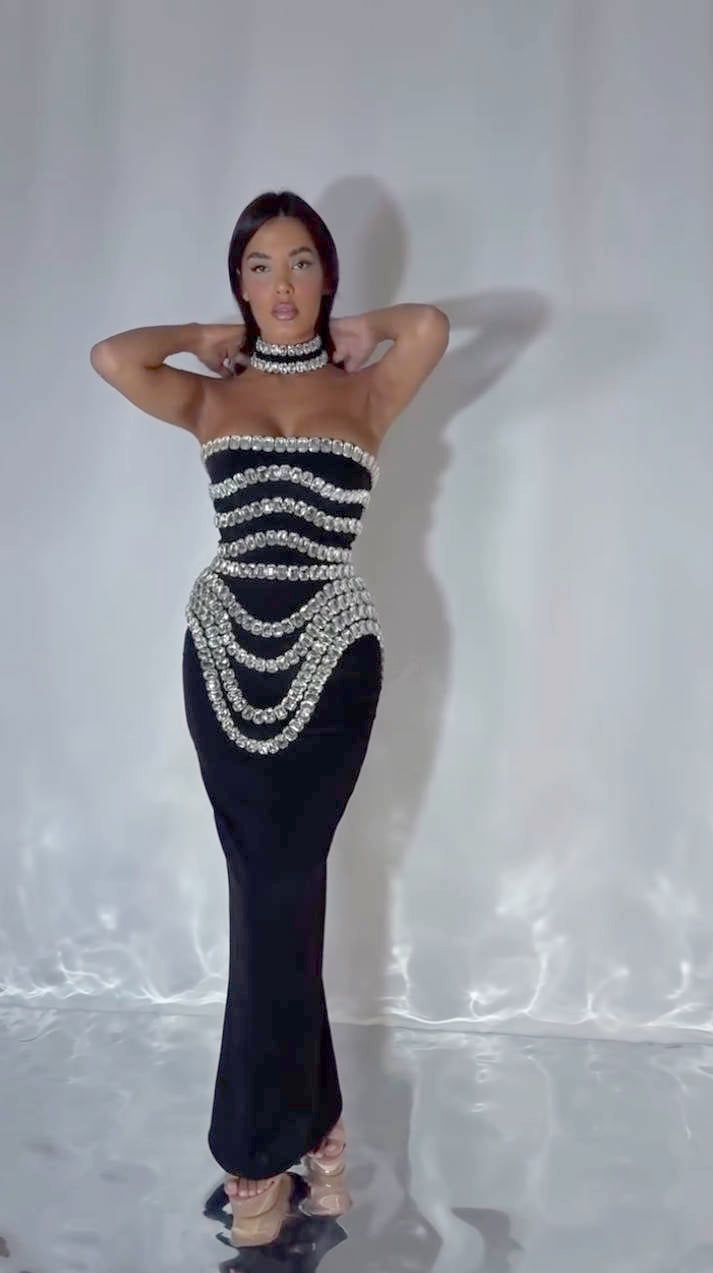 Strapless Crystal Trims Maxi Dress Black HV2003