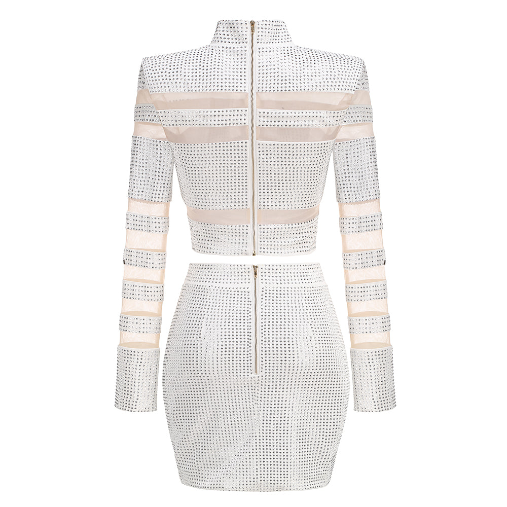 Long Sleeve Studded Mesh Two Piece Dress HV1939