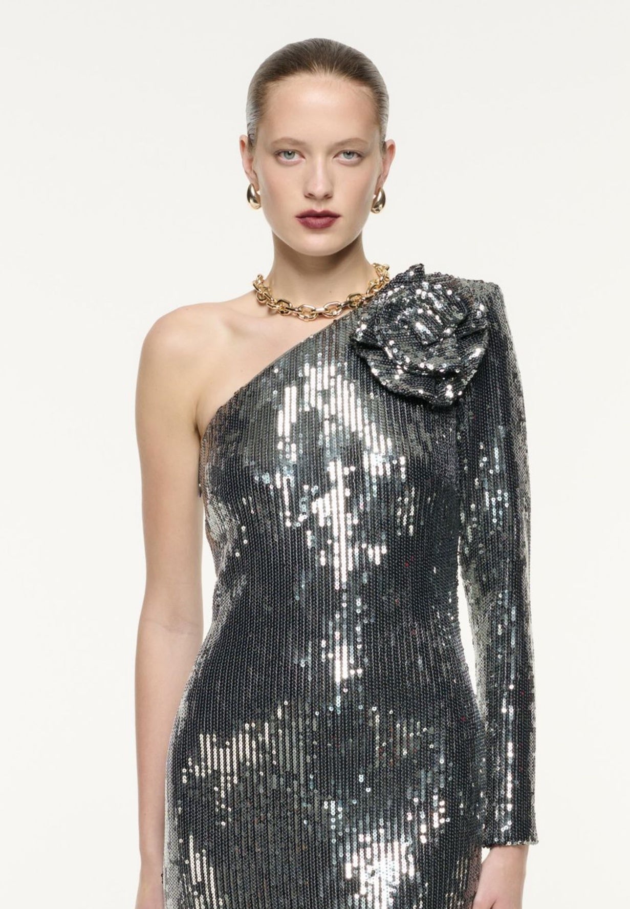 Long Sleeve Floral Sequin Maxi Dress Silver HV1084