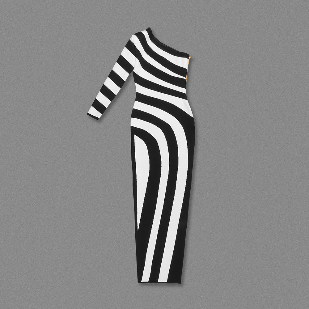 One Sleeve Striped Maxi Dress Black White HV1823
