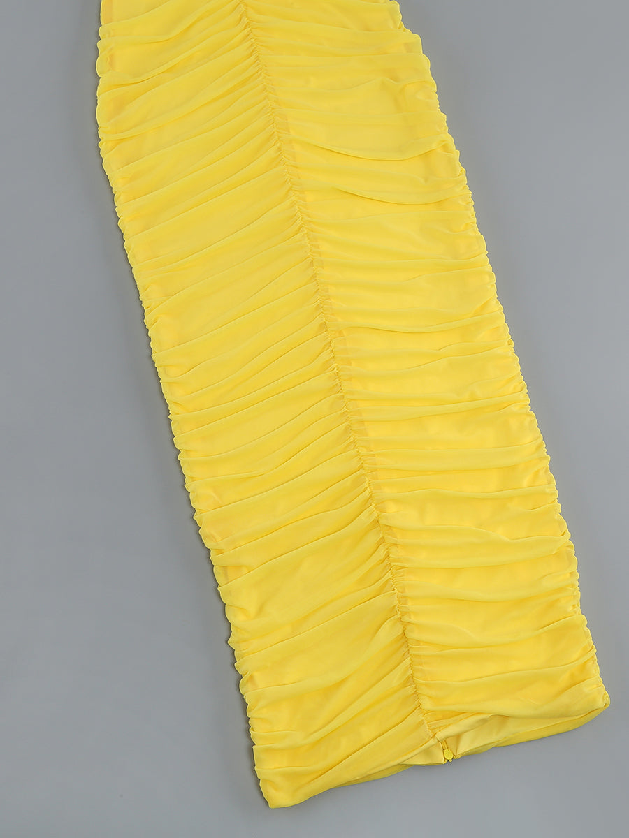 Plunge V Neck Ruched Maxi Dress Yellow HV9828