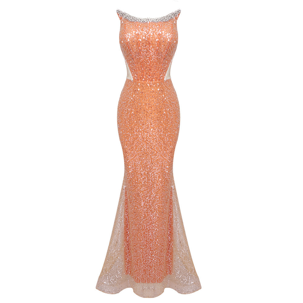Strapless Crystal Sequin Maxi Dress Orange HV1756