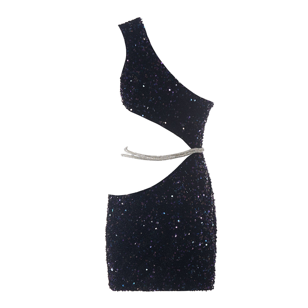 One Shoulder Sequin Crystal Dress Midnight Blue