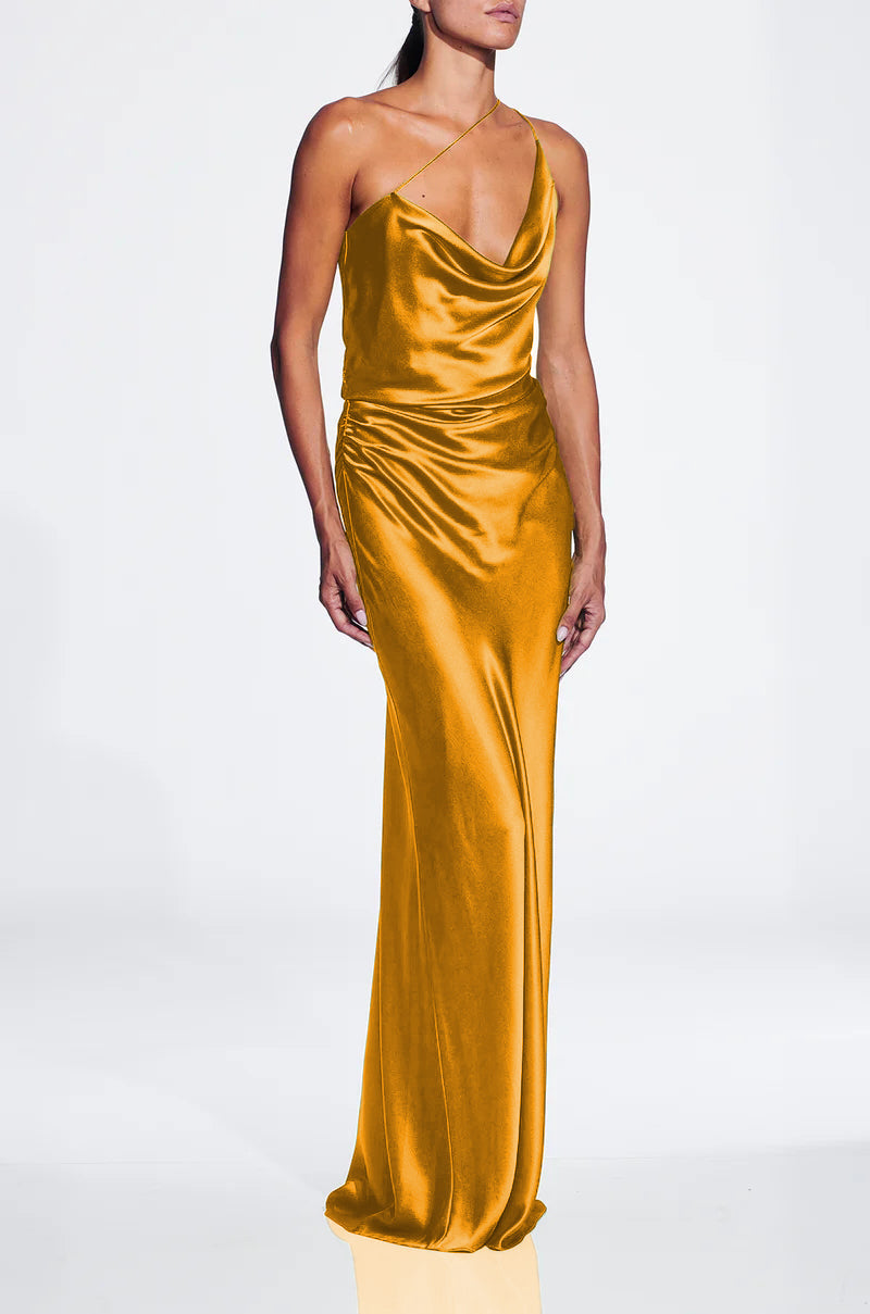 One Shoulder Draped Maxi Dress Gold HV1925