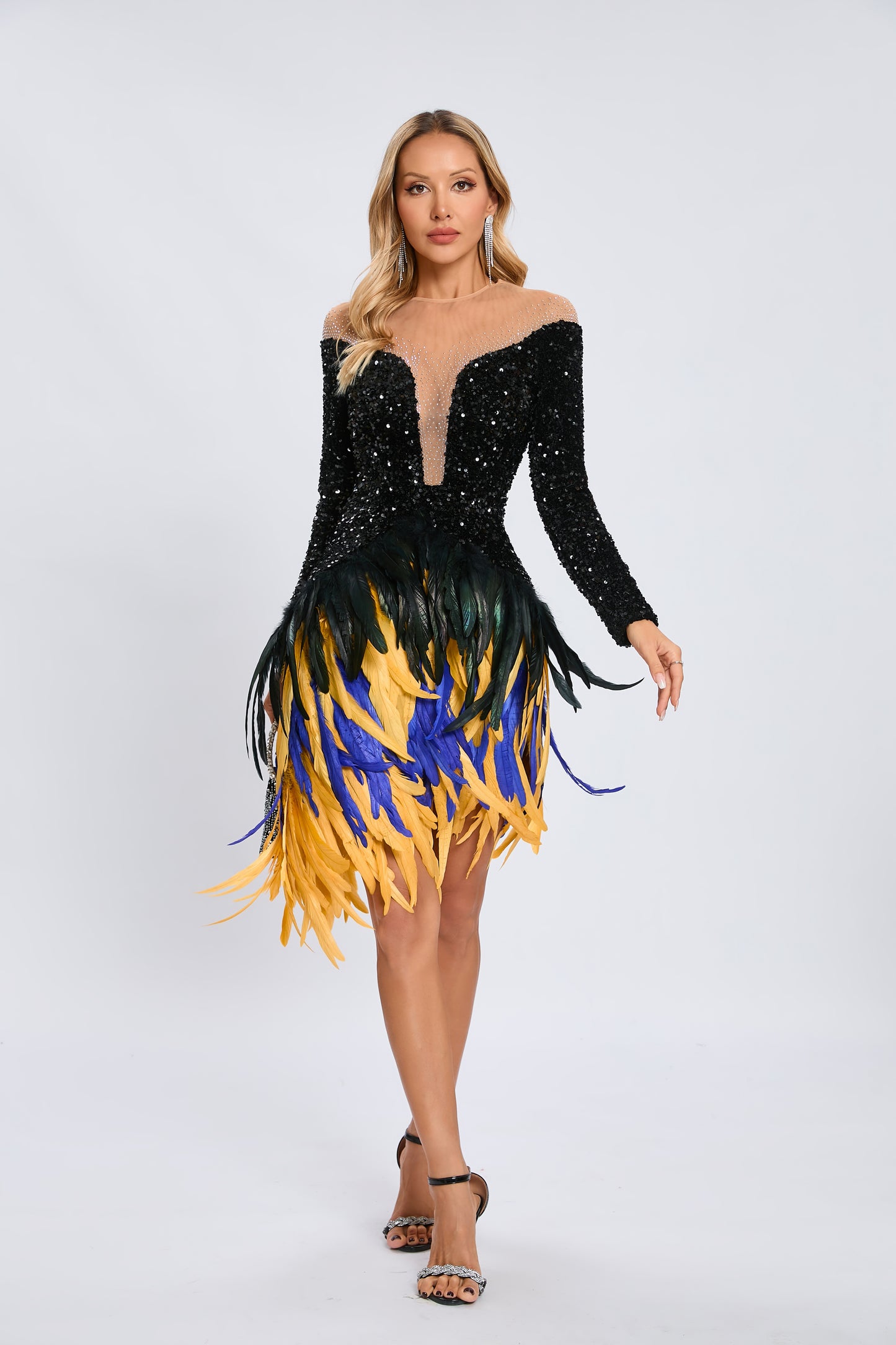 Long Sleeve Sequin Feather Dress Black HV1980