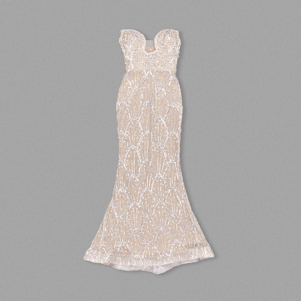 Strapless Pearl Sequin Bustier Maxi Dress Nude HV1781