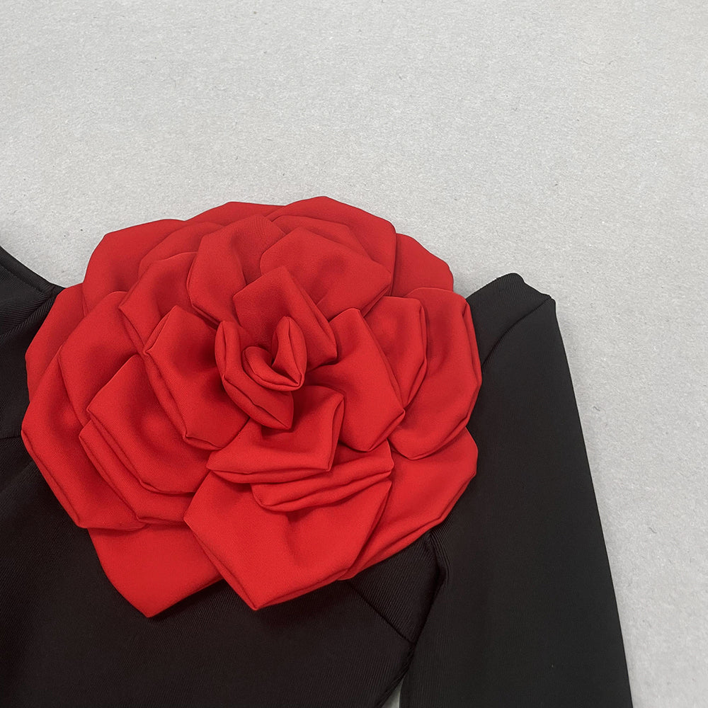 Long Sleeve Rose Detail Maxi Dress Black Red HV1031