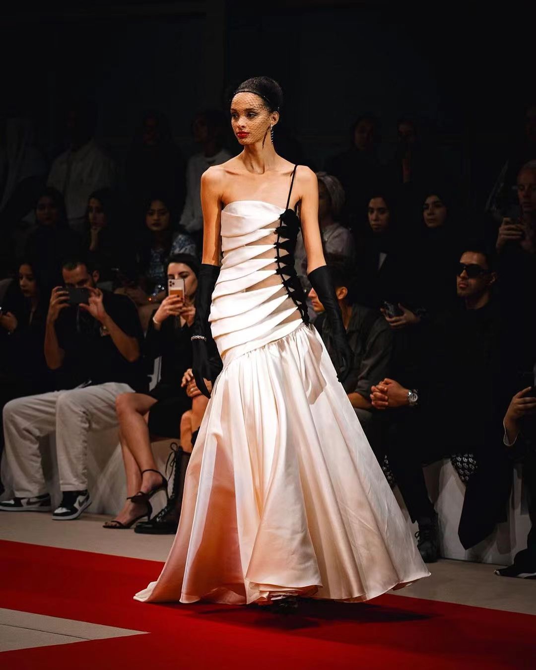 One Shoulder Velvet Insert Maxi Dress Black White HV2075