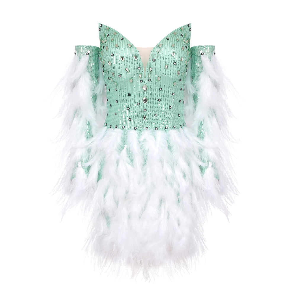 Long Sleeve Feather Sequin Dress Green White HV1222