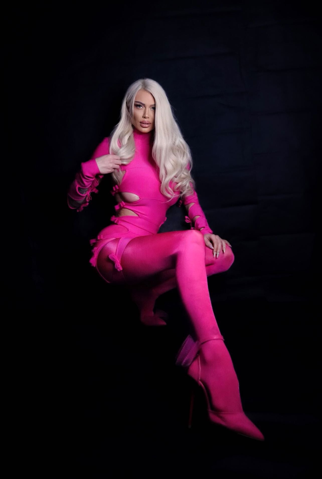 Long Sleeve Side Cut Out Dress Hot Pink HV9160