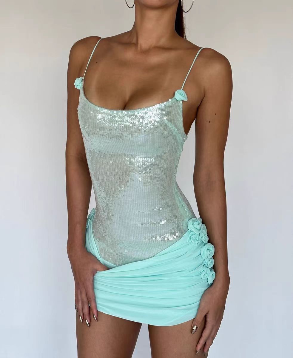Sequin Floral Draped Corset Dress Green HV2207