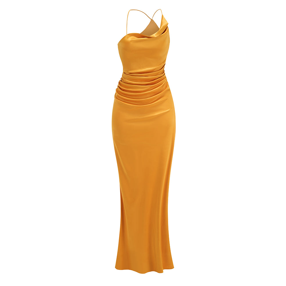 One Shoulder Draped Maxi Dress Gold HV1925