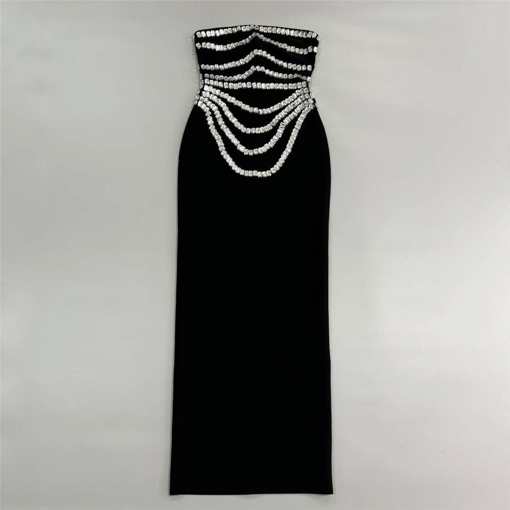 Strapless Crystal Trims Maxi Dress Black HV2003