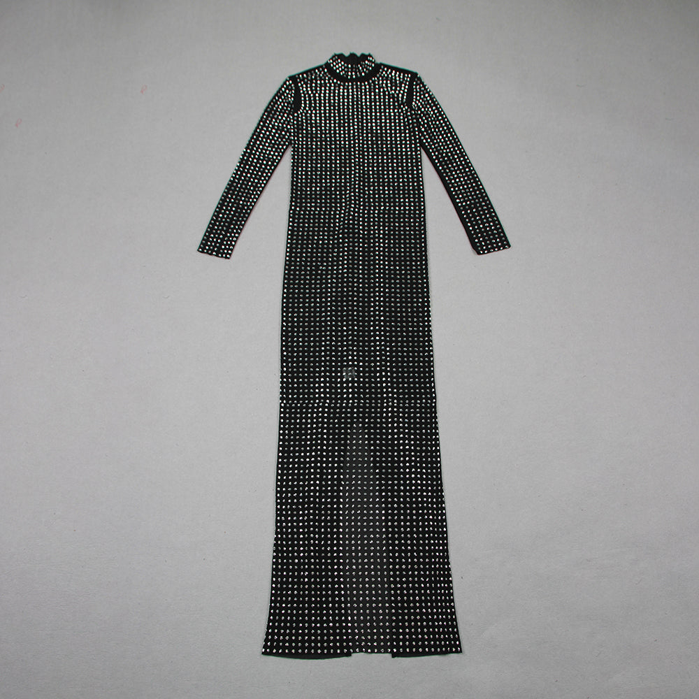 Long Sleeve Studded Mesh Maxi Dress Black HV9952