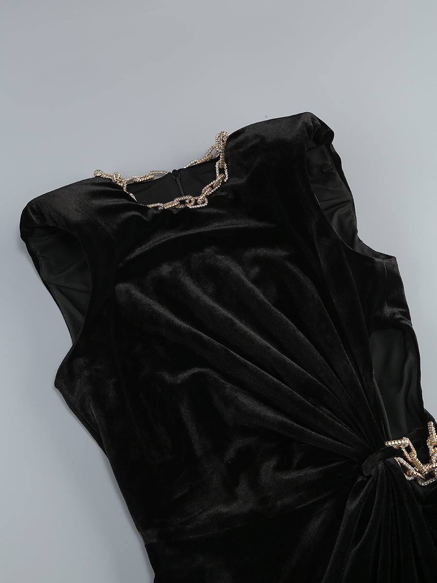 Crystal Chain Maxi Velvet Dress Black