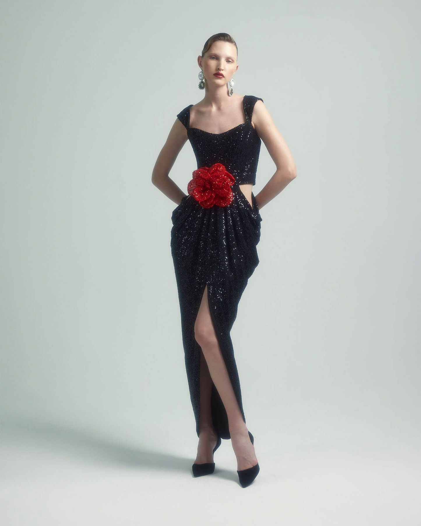 Floral Sequin Draped Maxi Dress Black HV1707